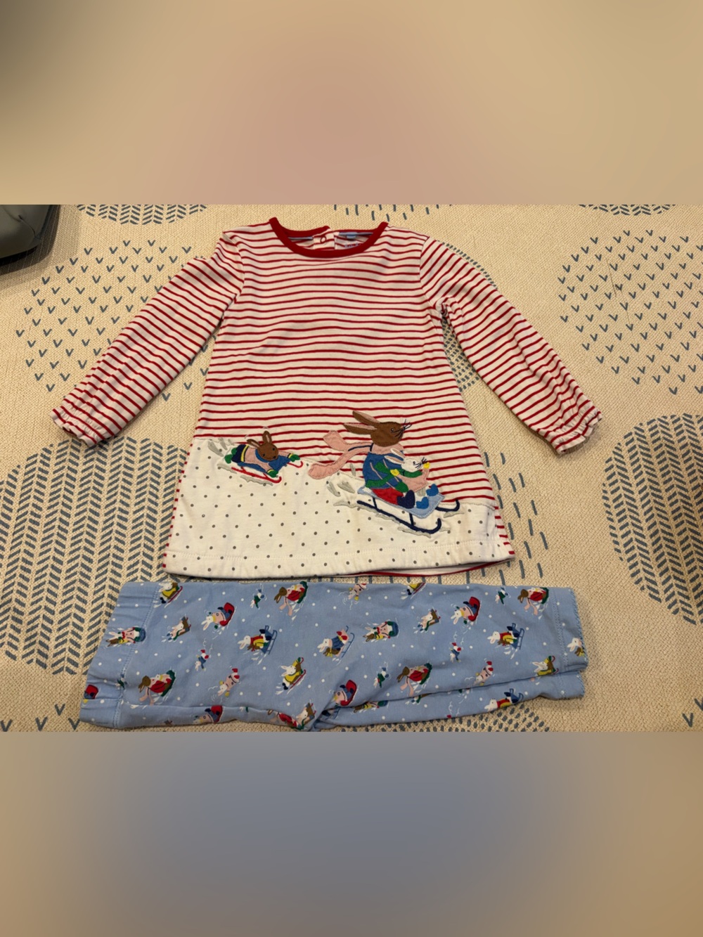 Mini Boden sledding bunnies appliqué Red & Blue Kids Set